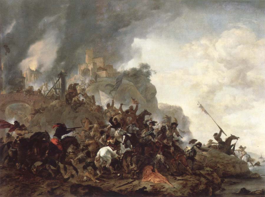 cavalry making a sortie from a fort on a hill